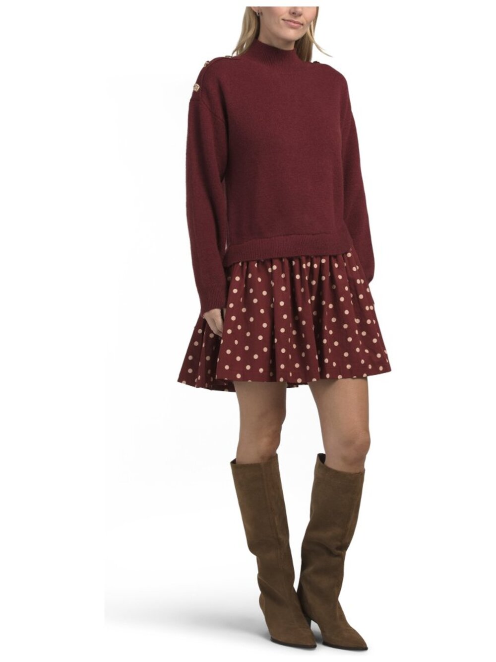 Zoe & Claire Mixed Media Sweater Dress Burgundy Polka Dot Satin Mock Neck